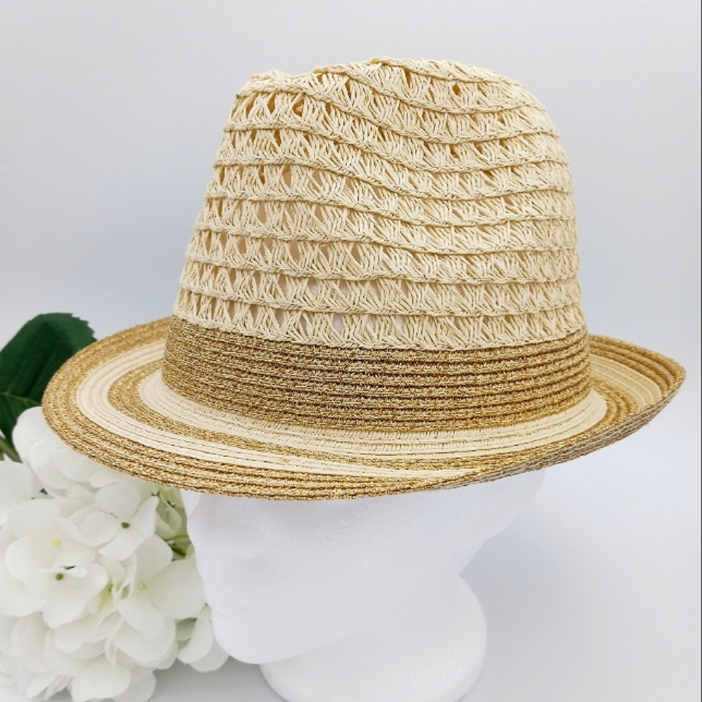Women's Fedora Hat Cream Metallic Gold Accents Paper Straw